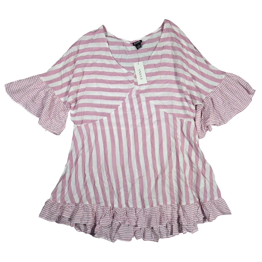 Evans Womens Pink White Striped Ruffle Sleeve V-Neck Tunic Top Size 18 NEW